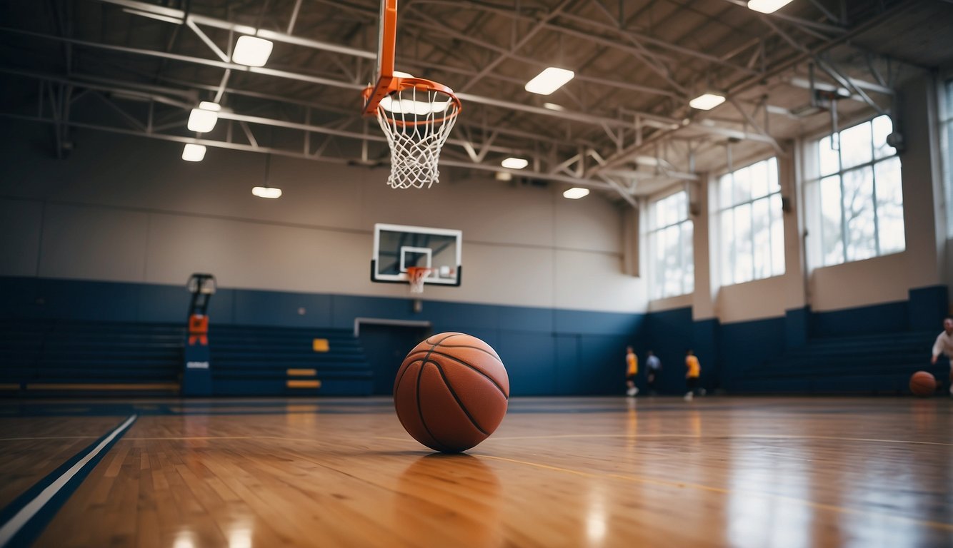 High school basketball court with regulation-sized basketball