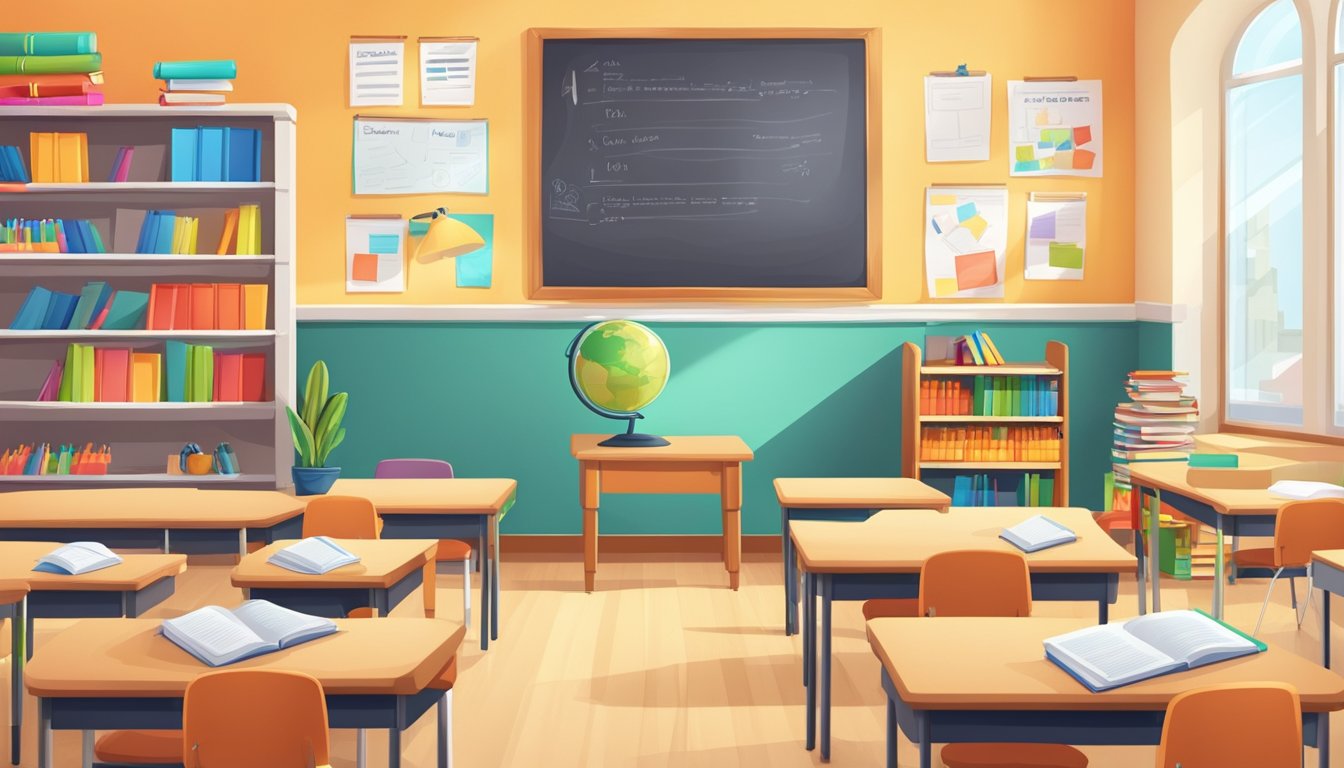 Lynn Tuition Centre Tampines: Boost Your Child's Grades Today! A bright classroom with colorful educational posters, shelves filled with books, and a whiteboard with a neatly written lesson plan