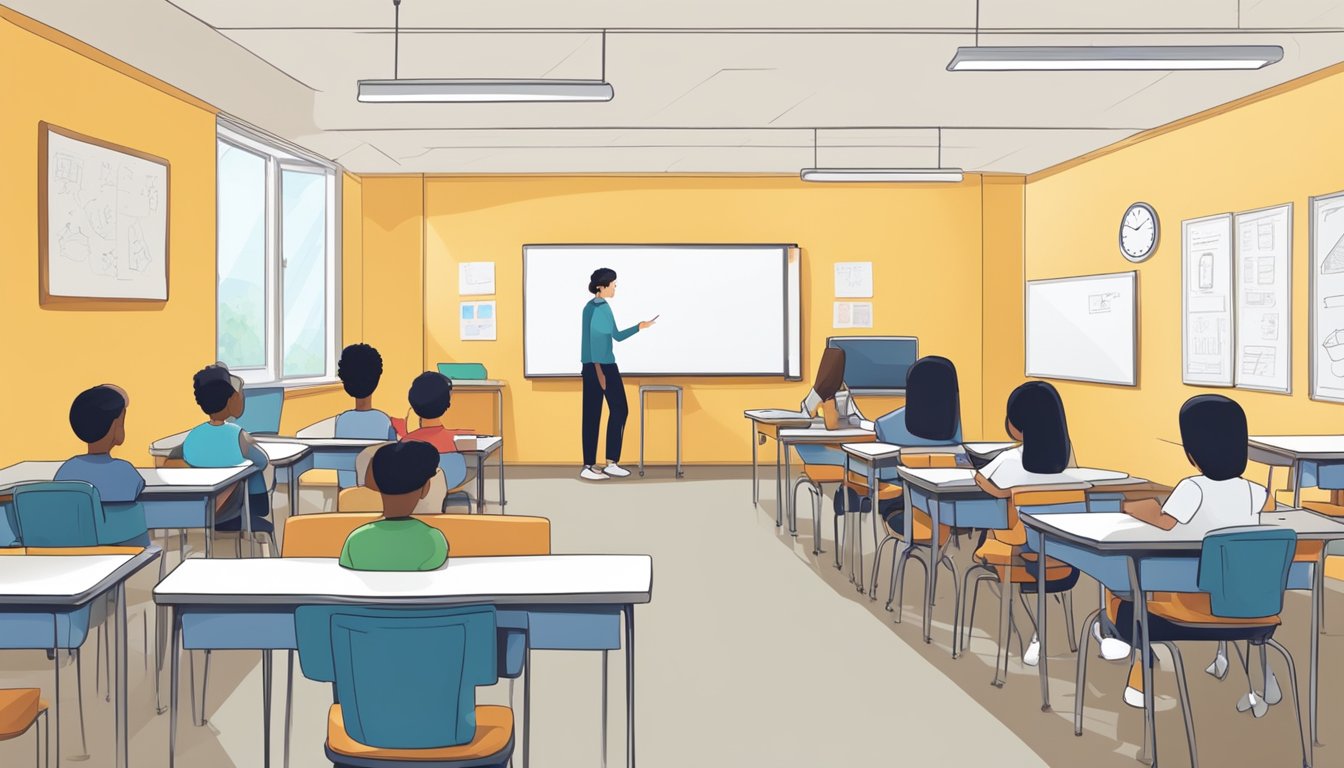 JC Tuition: Boost Your Grades and Ace Your Exams A small classroom with desks and chairs, a whiteboard at the front, and a tutor helping a student with their work
