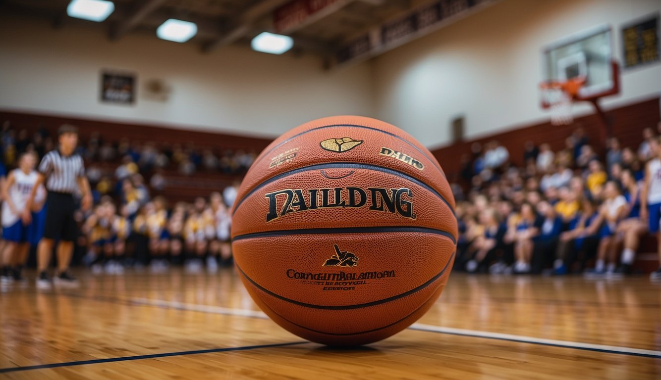 A regulation size basketball sits on a wooden gym floor, surrounded by the vibrant colors of the high school team's jerseys and the sounds of cheering fans