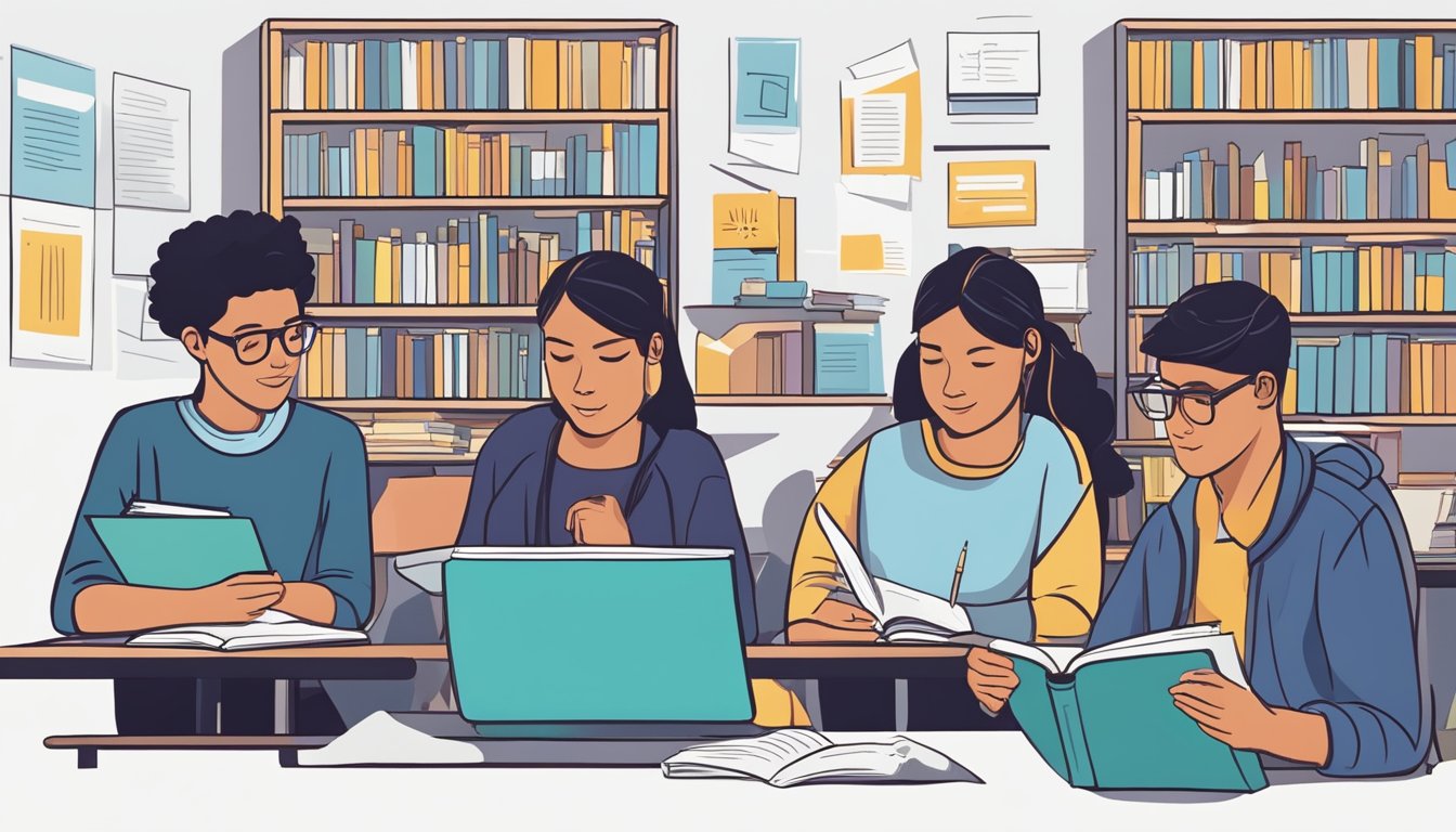 JC Tuition: Boost Your Grades and Ace Your Exams A group of JC students engaged in focused learning, surrounded by books, notes, and educational materials. A dedicated tutor guides them through challenging A-level concepts, fostering an atmosphere of empowerment and success