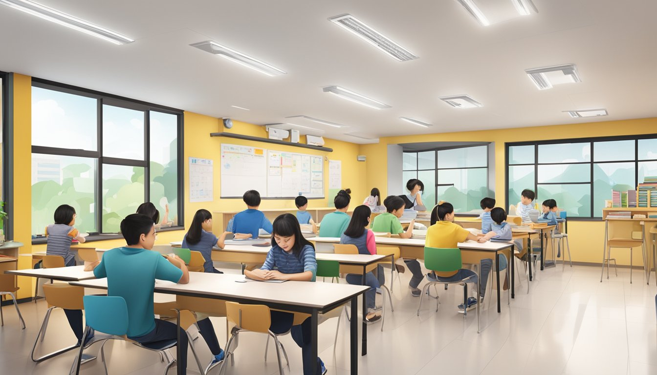 Lynn Tuition Centre Tampines: Boost Your Child's Grades Today! A bustling tuition centre in Tampines, with students and teachers engaged in learning and discussions. Brightly lit classrooms and a welcoming reception area
