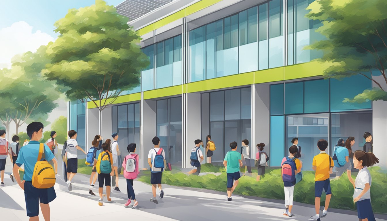 Lynn Tuition Centre Tampines: Boost Your Child's Grades Today! A vibrant signboard outside the Lynn Tuition Centre in Tampines, with a group of students eagerly entering the building