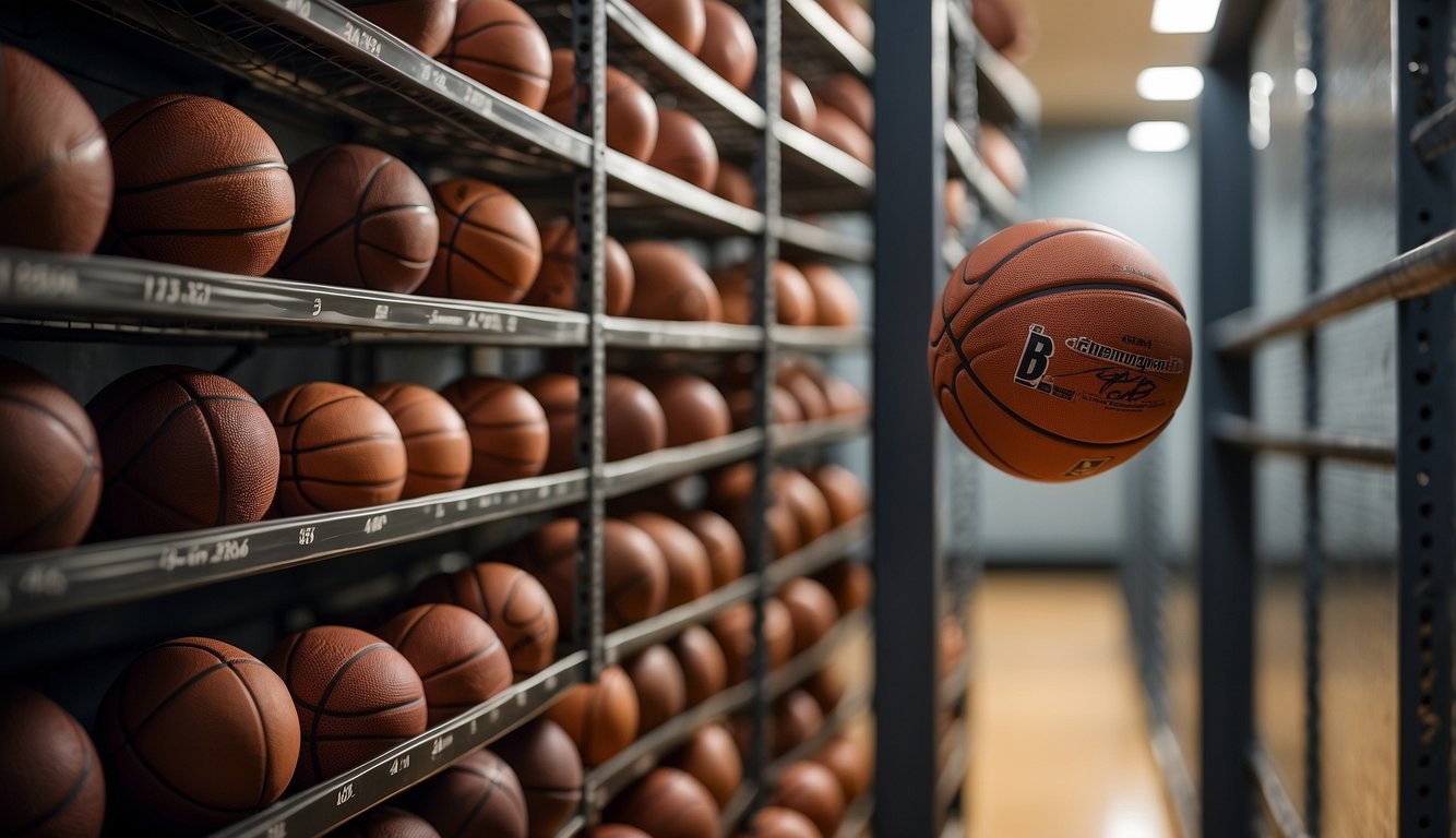 A high schooler reaches for a regulation-sized basketball from a rack of various sizes