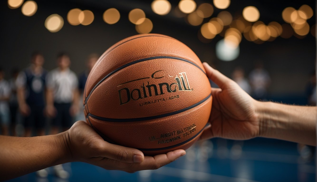 High schoolers use a regulation size 7 basketball. Show a hand gripping the ball with textured skin and appropriate finger placement