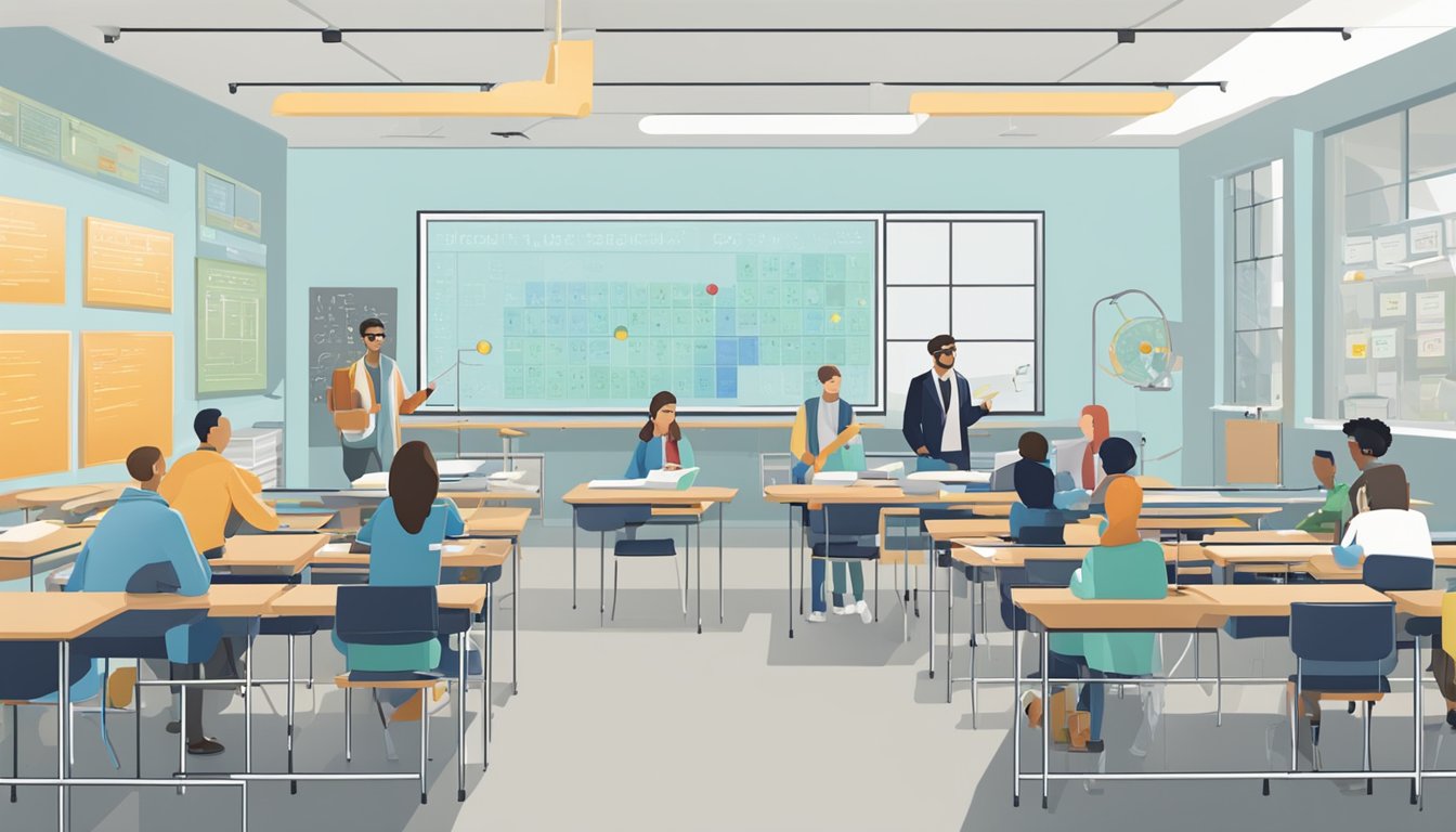 A classroom with lab equipment, periodic table, and molecular models. Students and teacher engaged in discussion