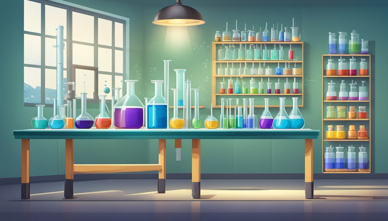 A laboratory bench with beakers, test tubes, and chemical compounds. A periodic table and molecular models on the wall