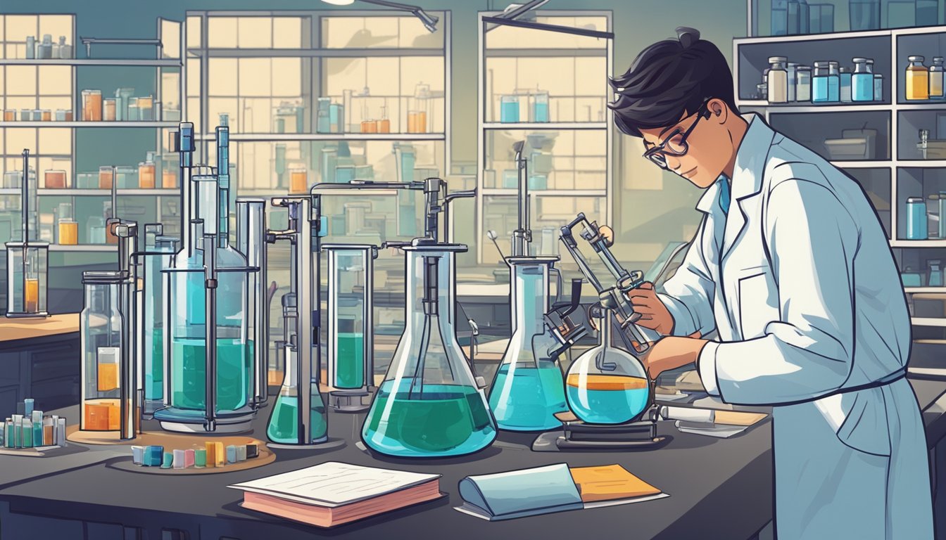A student diligently conducts experiments in a well-equipped chemistry lab, surrounded by textbooks and notes. The atmosphere is focused and determined, with the student making careful observations and recording data