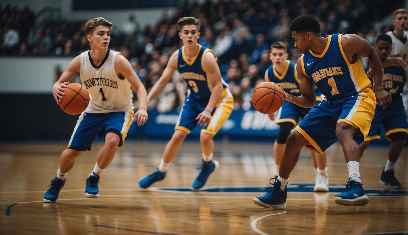 High schoolers dribble a regulation-size basketball on a court with precision and skill