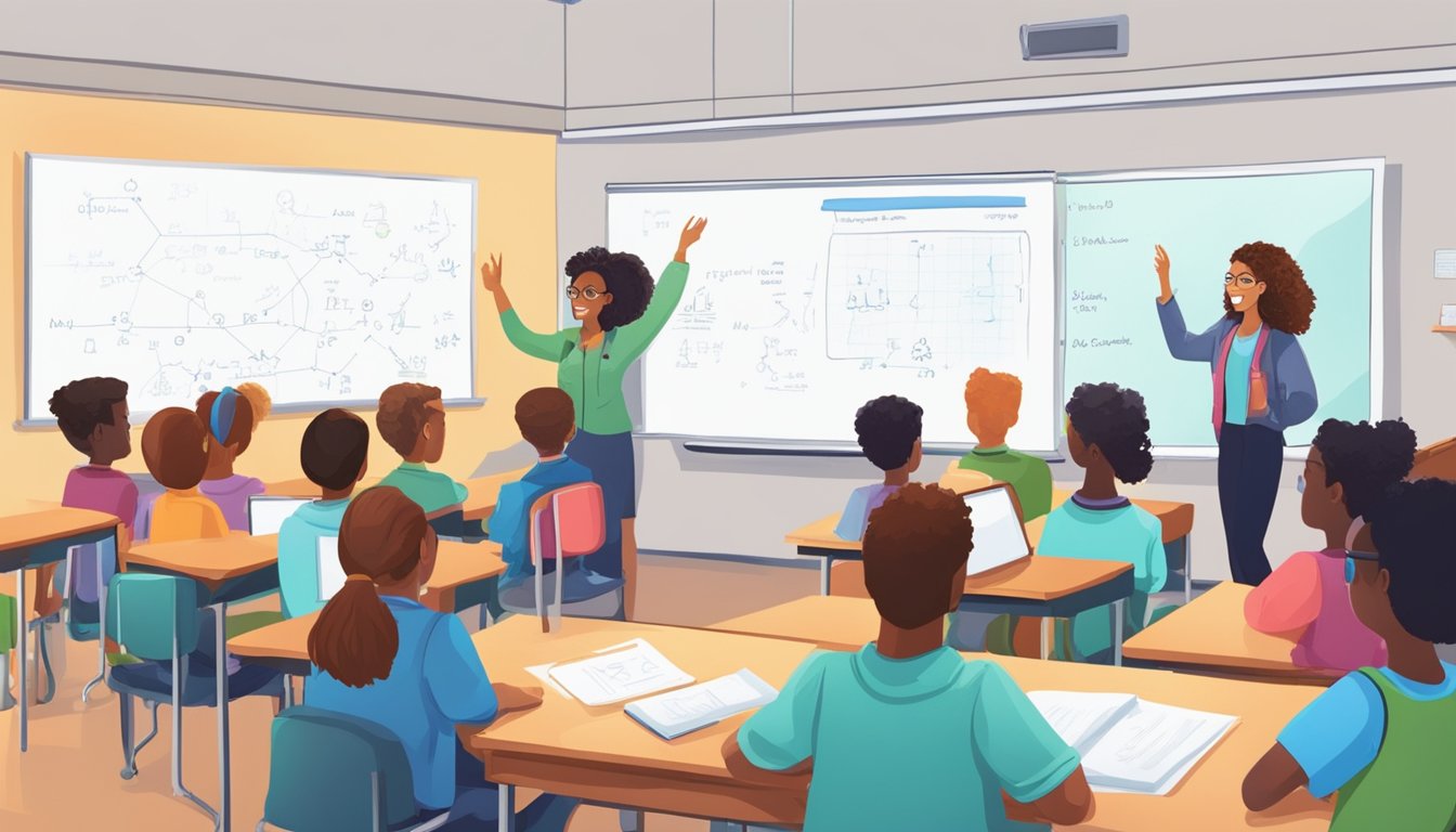 A classroom setting with students raising hands, a whiteboard with chemistry equations, and a teacher addressing a group of JC 1 students