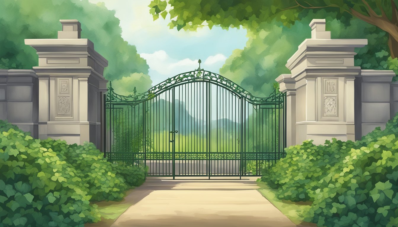A grand gate adorned with ivy and a sign reading "tuition" above, surrounded by lush greenery and a clear path leading up to it