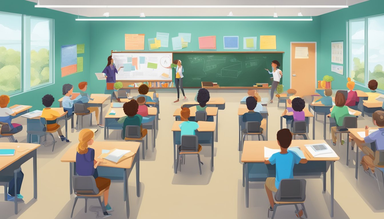 A classroom filled with engaged students, interactive technology, and collaborative learning materials