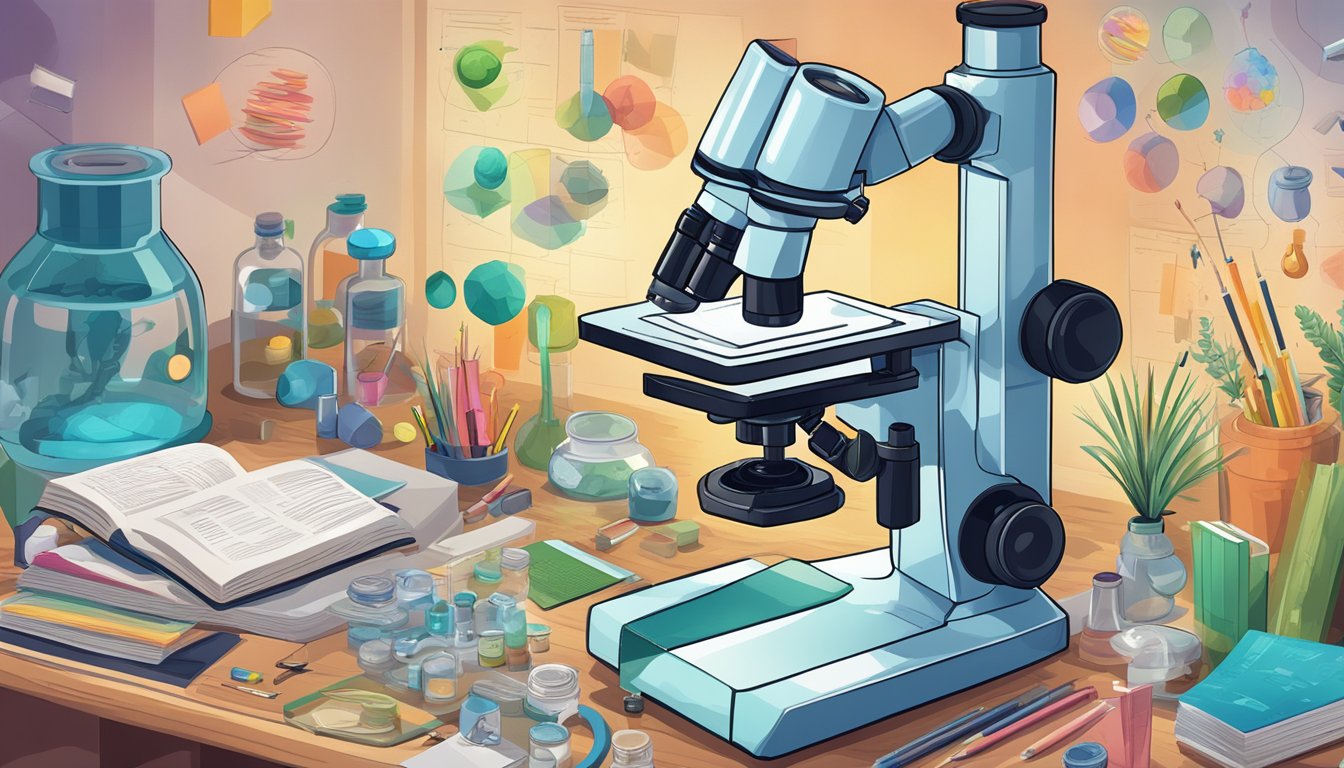 H2 Biology Tuition Singapore: Master the Subject with Top Tutors A microscope sits on a cluttered desk, surrounded by biology textbooks and colorful diagrams of cells and organisms