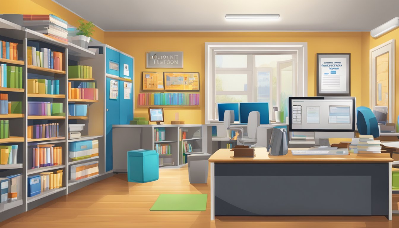 A bright, welcoming office space with a sign reading "edupoint tuition agency" on the door. A desk with a computer, and shelves of books and educational materials