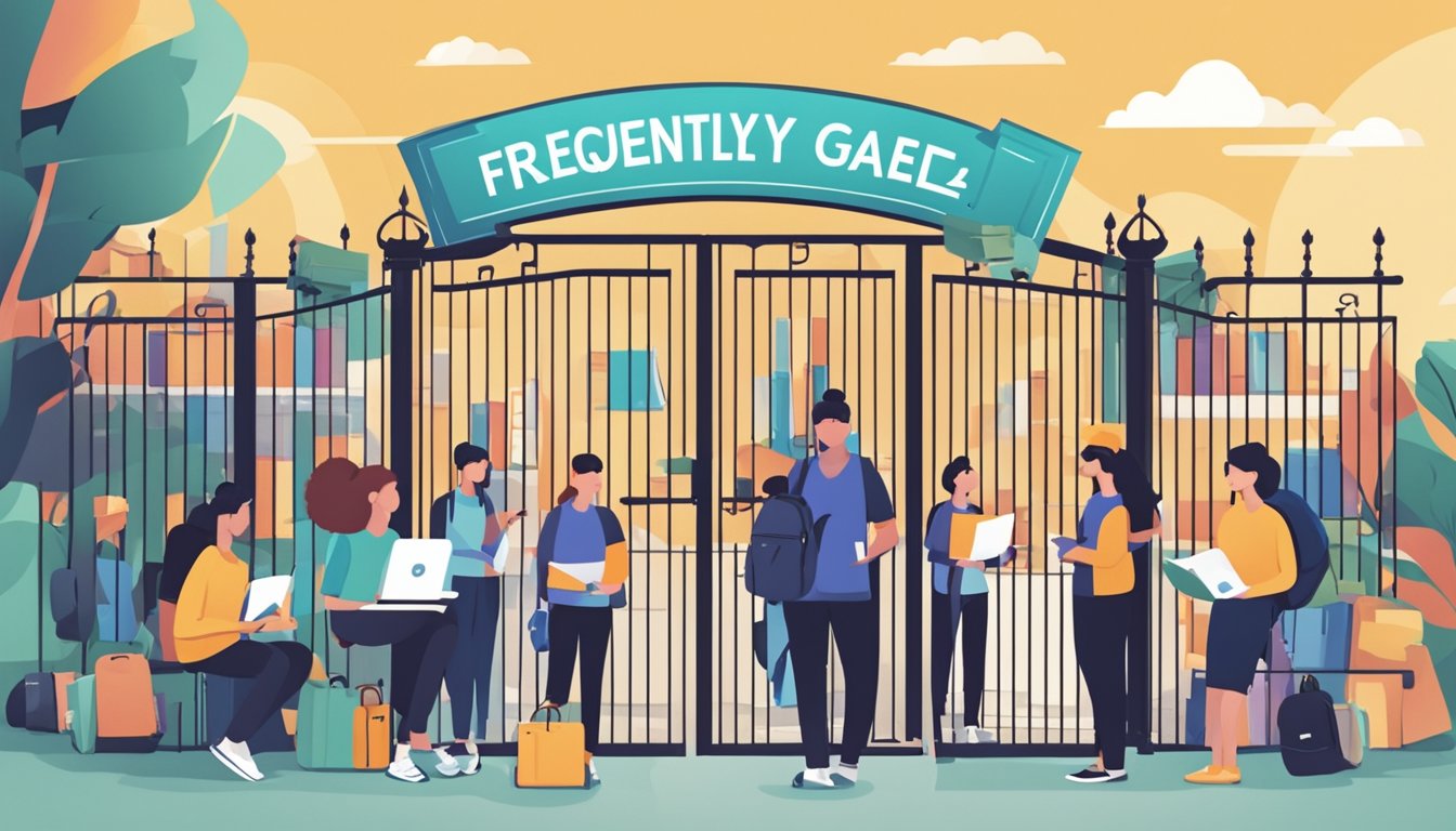 A gate with "Frequently Asked Questions" sign, surrounded by students with books and laptops, seeking tuition assistance