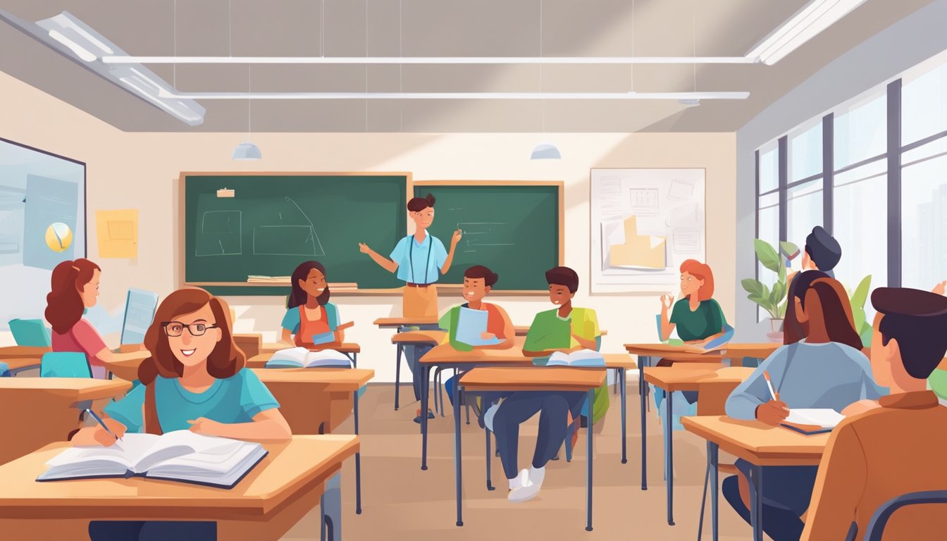 A group of students sit in a classroom, surrounded by books and educational materials. The teacher stands at the front, writing on the whiteboard