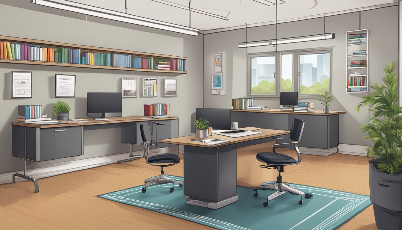 A bright, modern office space with a large desk and computer, shelves of books, and a comfortable seating area. A sign on the wall reads "Comprehensive Tuition Services edupoint tuition agency."