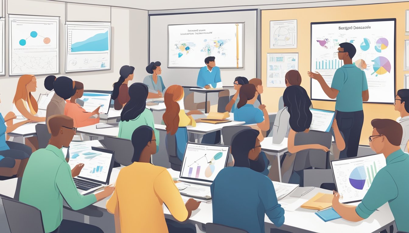 H2 Biology Tuition Singapore: Master the Subject with Top Tutors A group of students engaged in a lively discussion, surrounded by biology textbooks and charts, with a whiteboard filled with diagrams in the background