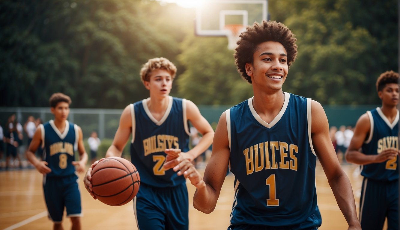 High schoolers play basketball with a regulation size 29.5-inch ball