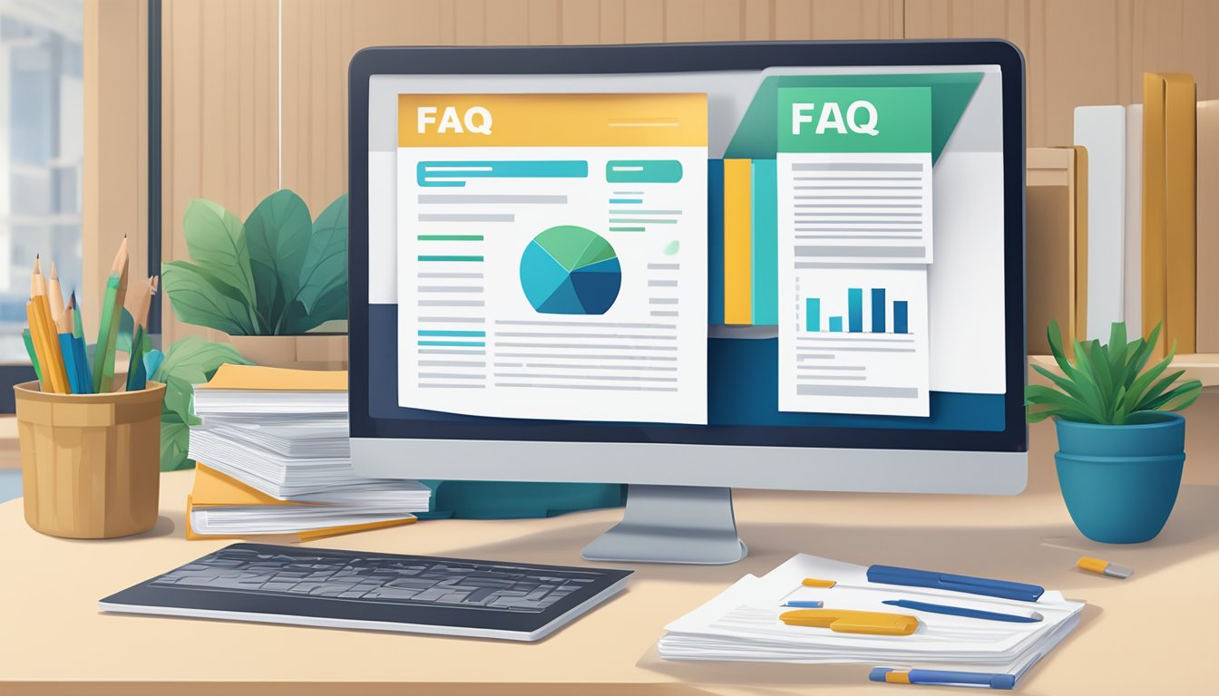 A stack of FAQ papers sits on a desk, with a logo for Edupoint Tuition Agency at the top. A computer screen displays the agency