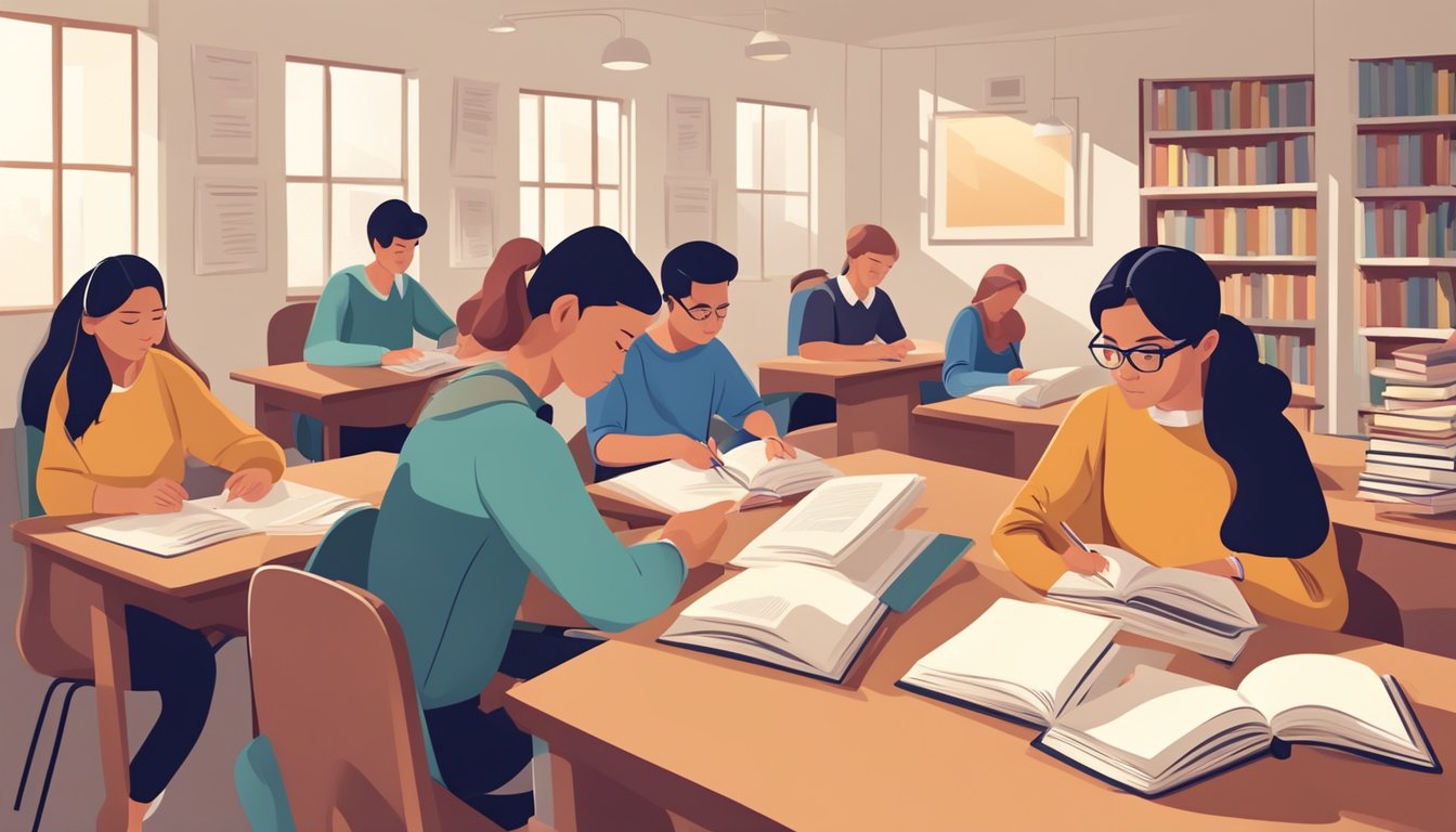 Students studying in small groups at tuition centres, surrounded by books and educational materials. Teachers providing guidance and support