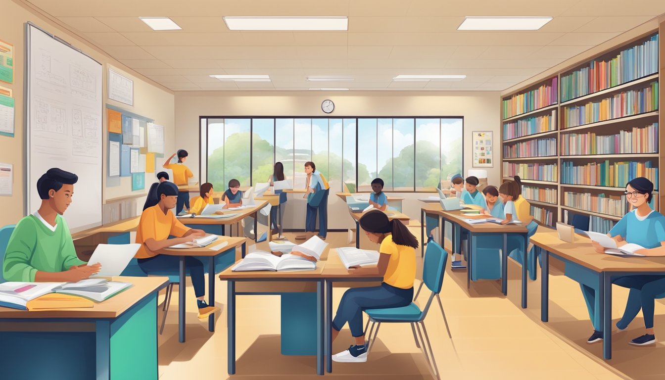 A bustling tuition centre with students engaged in learning, tutors providing guidance, and a variety of educational materials and resources
