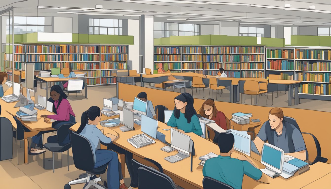 Students studying in a library with books, computers, and supportive staff providing guidance and assistance