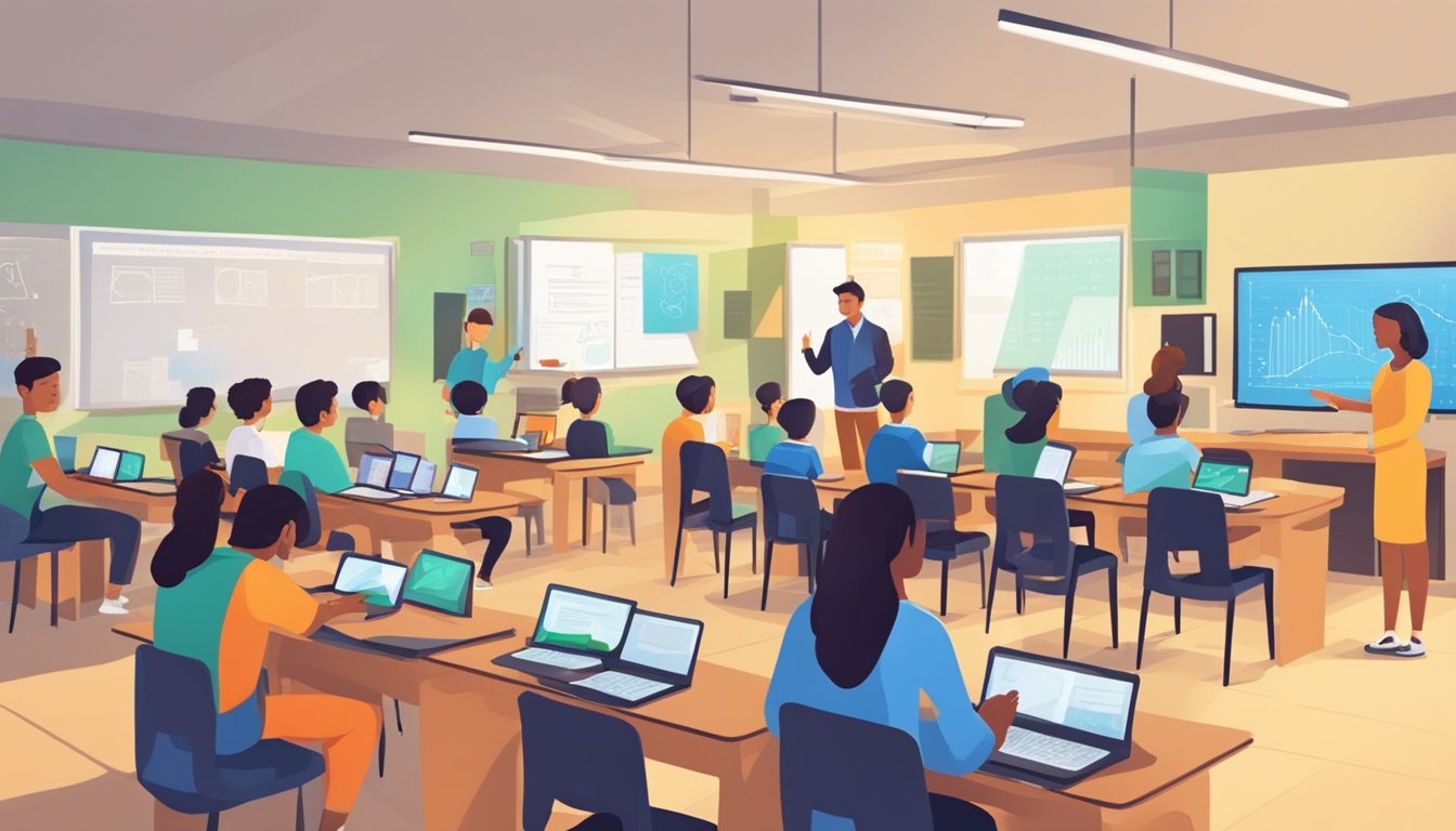 Students engage in interactive lessons at a tuition center, with tutors using technology and resources to enhance learning and academic performance