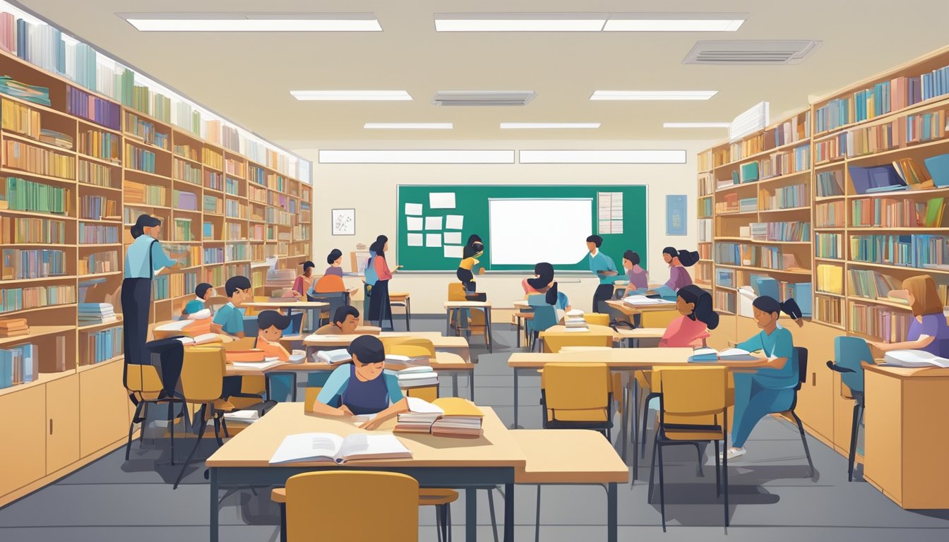 A busy tuition center with students and teachers interacting in small groups, while others study independently. Shelves of books and educational materials line the walls, and a whiteboard displays schedules and announcements