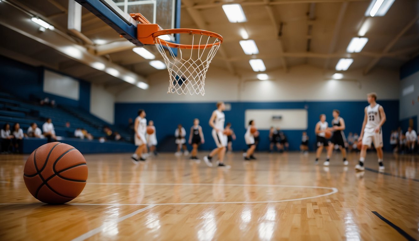 High schoolers use regulation size basketballs on a court with hoops