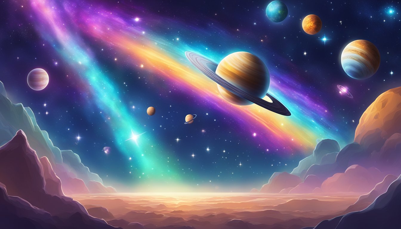 A colorful galaxy with twinkling stars and planets, a spaceship hovering in the distance, and a sense of adventure and wonder in the air