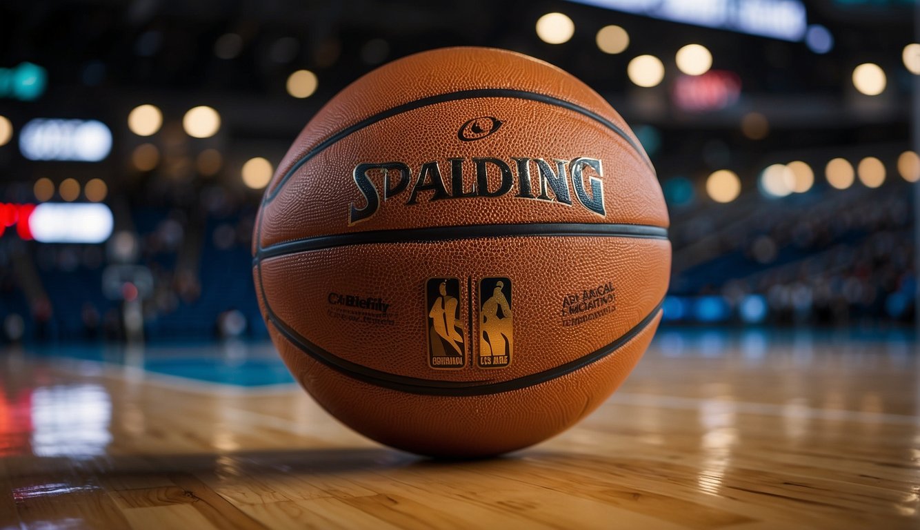 An NBA basketball sits on the court, its regulation size and weight evident as it awaits the skilled hands of professional players