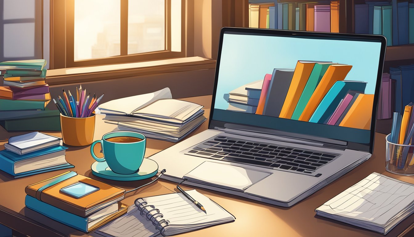 A laptop surrounded by books and a notepad, with a cup of coffee nearby. A desk lamp illuminates the scene