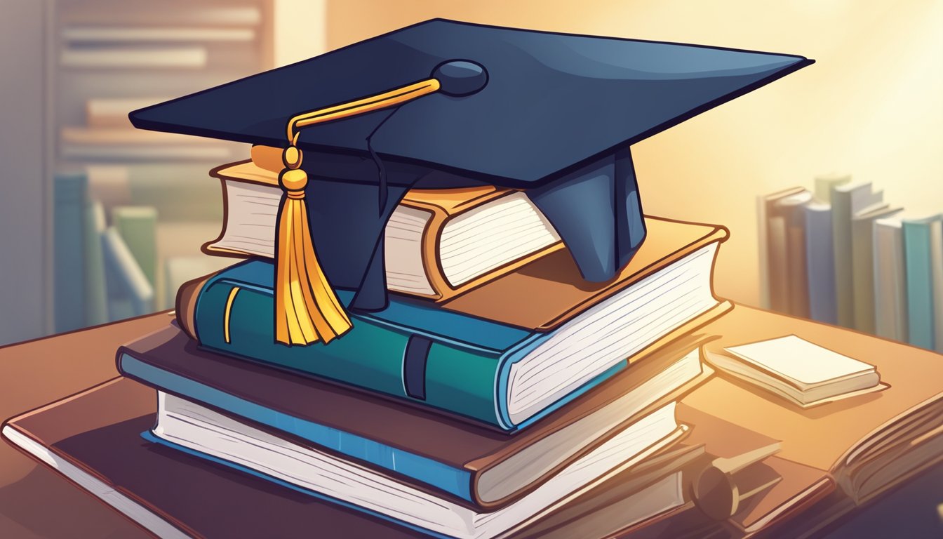 A stack of books and a graduation cap sit atop a desk, surrounded by a laptop, notebook, and pen. A ray of light shines on the books, symbolizing academic excellence