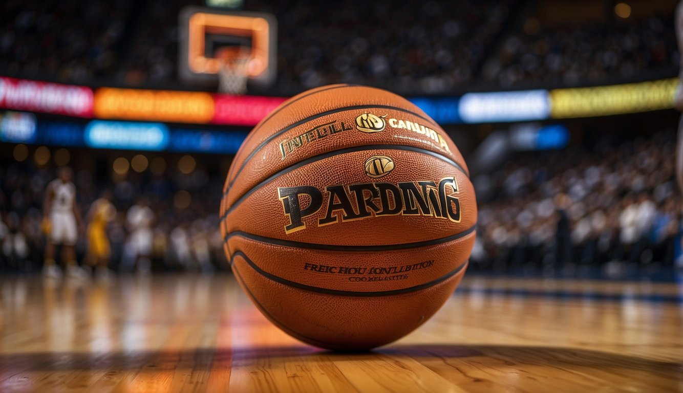 A regulation-size basketball sits on a hardwood court, surrounded by the vibrant colors of team jerseys and the logos of the NBA