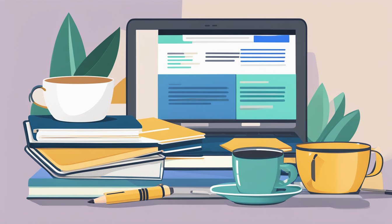 A laptop open to a blog page with "Frequently Asked Questions" about tuition. A stack of books and a cup of coffee sit nearby