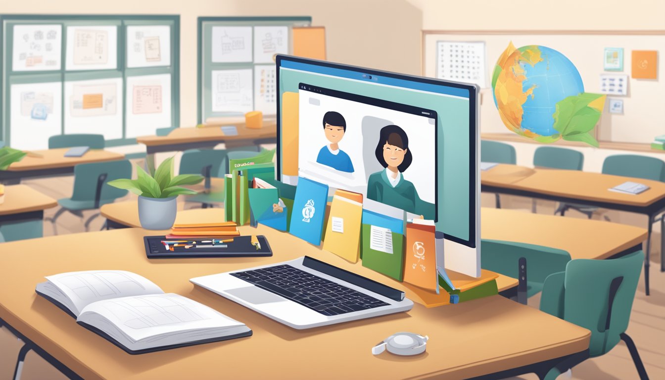 A laptop displaying an online classroom with Chinese characters, a student