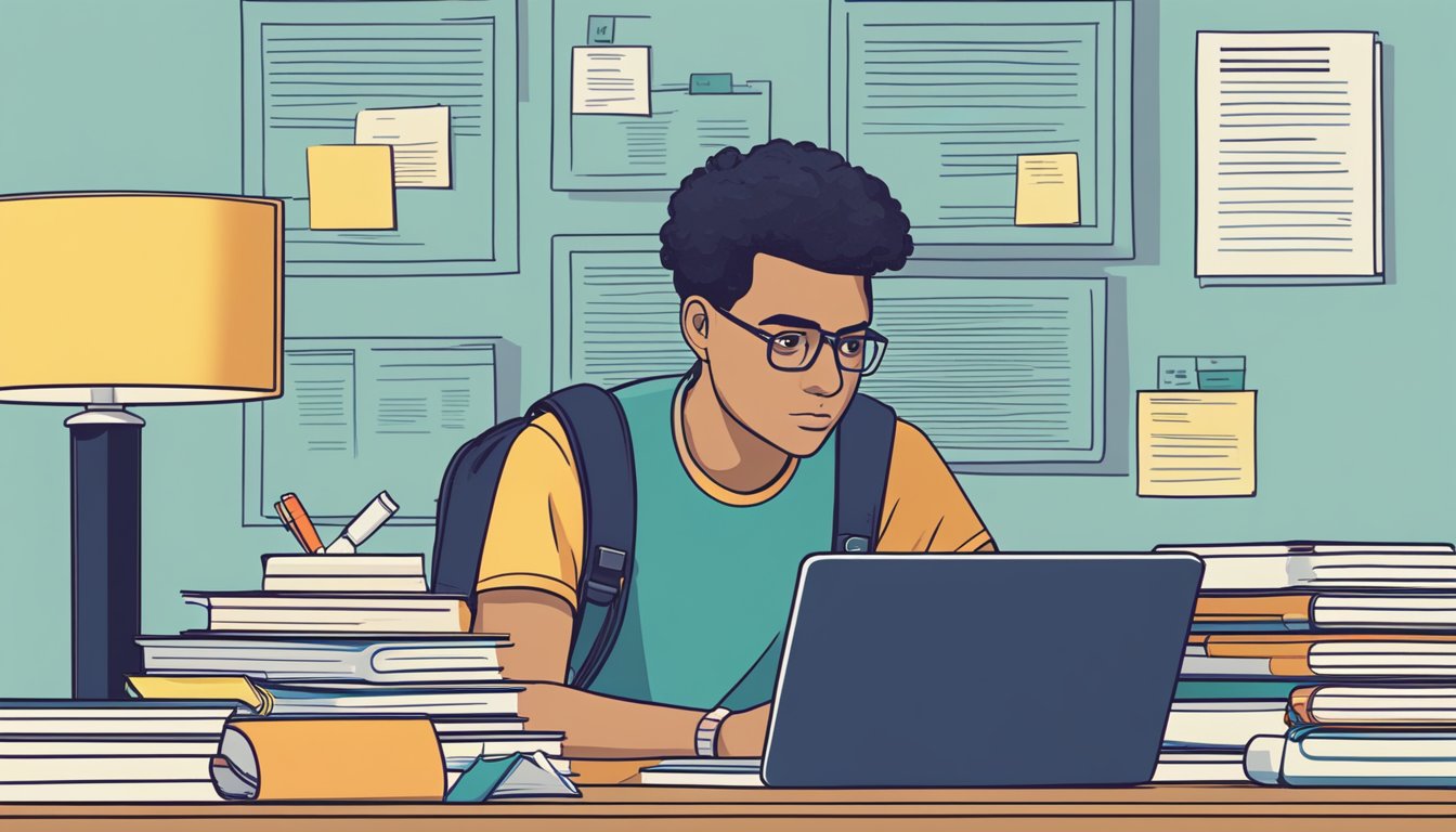 A student sits at a desk, surrounded by textbooks and a laptop. A tuition bill lies next to the computer, with a worried expression on the student