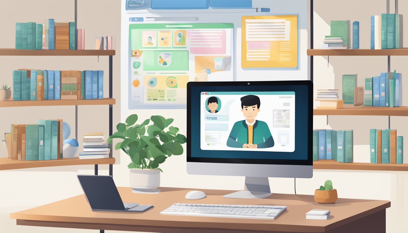 A computer screen displaying a virtual classroom with Chinese language materials and a video chat window for online tuition in China