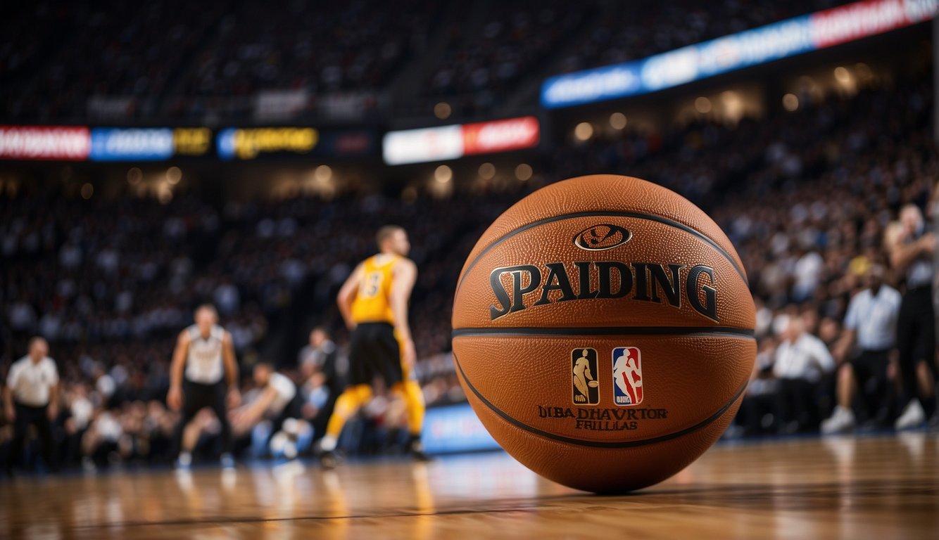 NBA players dribbling and passing a regulation size basketball on a hardwood court