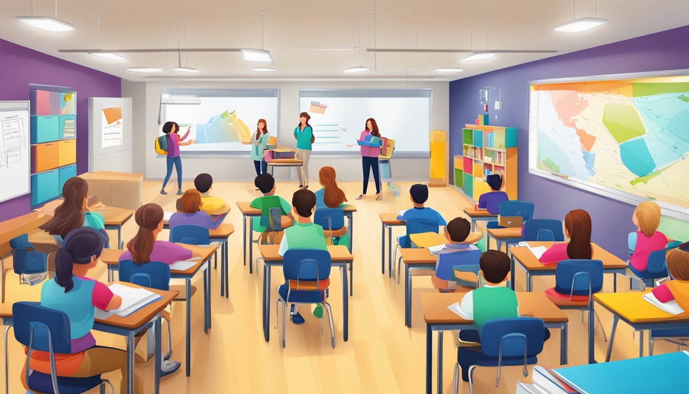 A colorful classroom with students engaged in learning, surrounded by educational materials and a whiteboard with the Comprehensive Tuition Services logo