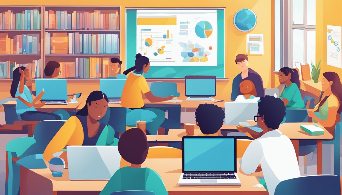 Tuition Plus: The Ultimate Solution for Singaporean Students Students engaging in interactive learning activities at Tuition Plus Services. Brightly colored educational materials and technology are used in a modern, comfortable setting