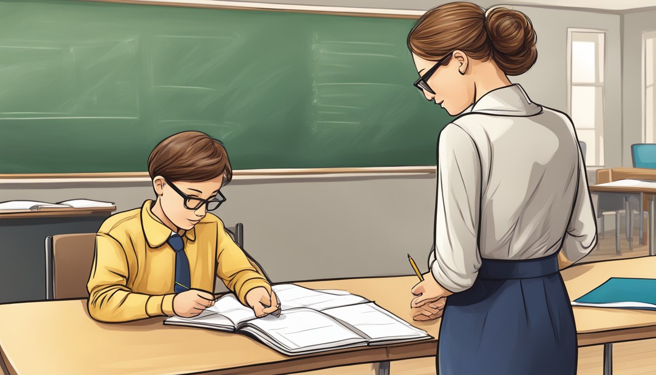 A teacher carefully reviews student work, ensuring quality and satisfaction