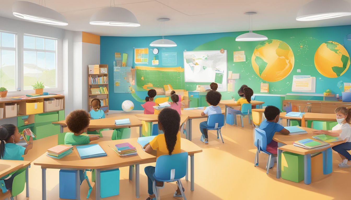 A vibrant classroom at Mavis Tuition Compass One, filled with engaged students and interactive learning materials, showcasing holistic student development