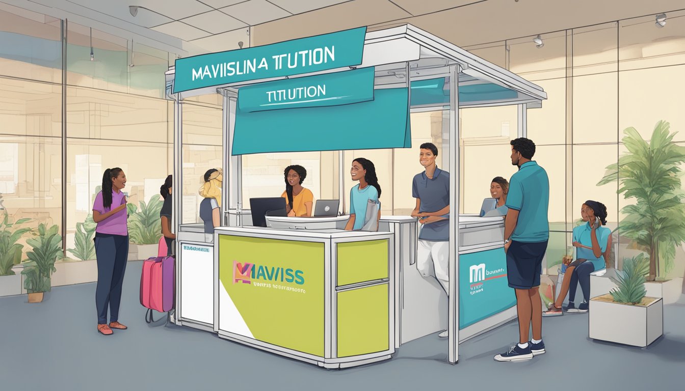 A group of people gathered around a Mavis Tuition booth at Compass One, asking questions. The booth is filled with informational materials and a friendly staff member is answering inquiries