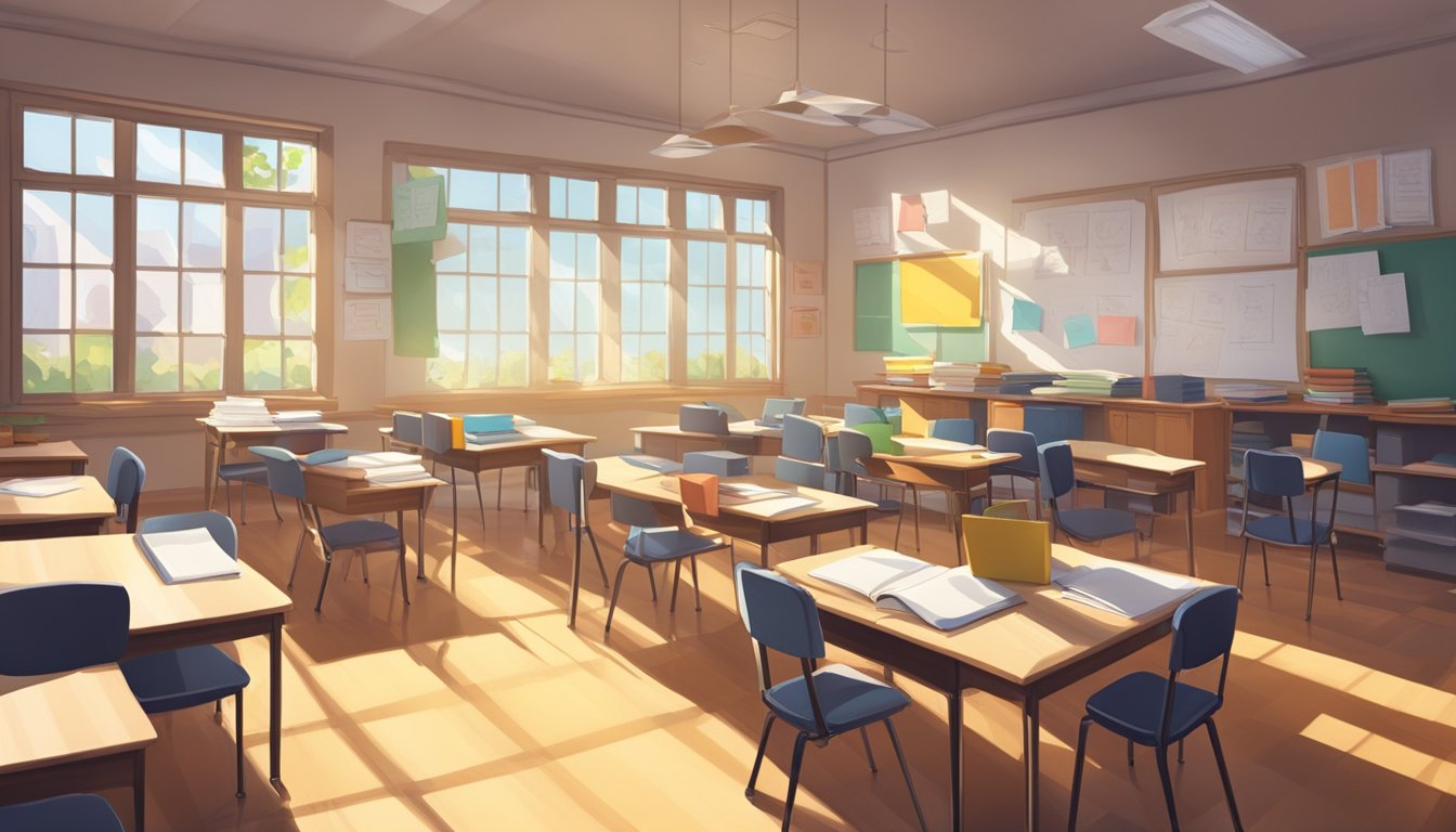 A classroom filled with desks, chairs, and a whiteboard. Books and papers scattered around. A clock on the wall. Sunlight streaming in through the windows