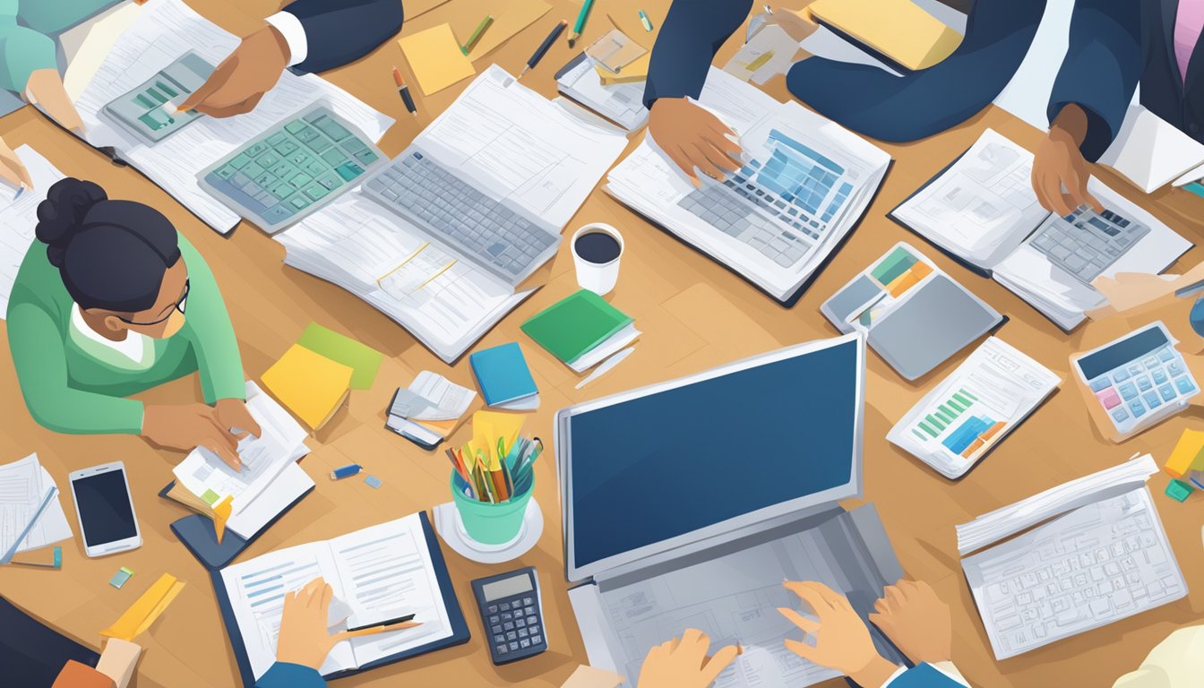 Students studying bills, financial documents, and calculators on a desk