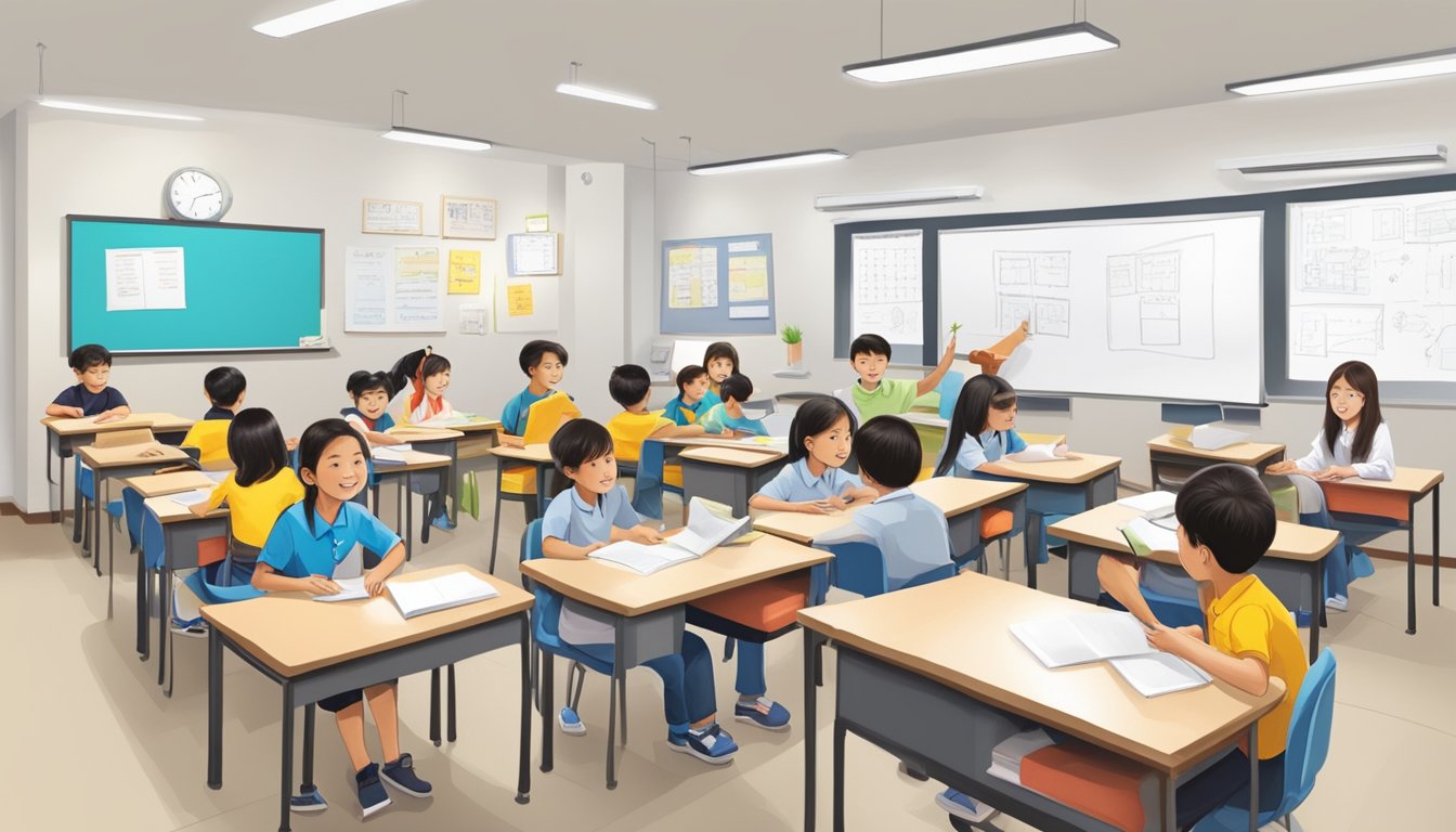 A bustling tuition center with books, whiteboards, and eager students. Expert tutors lead comprehensive lessons at Mavis Tuition Bedok Reservoir