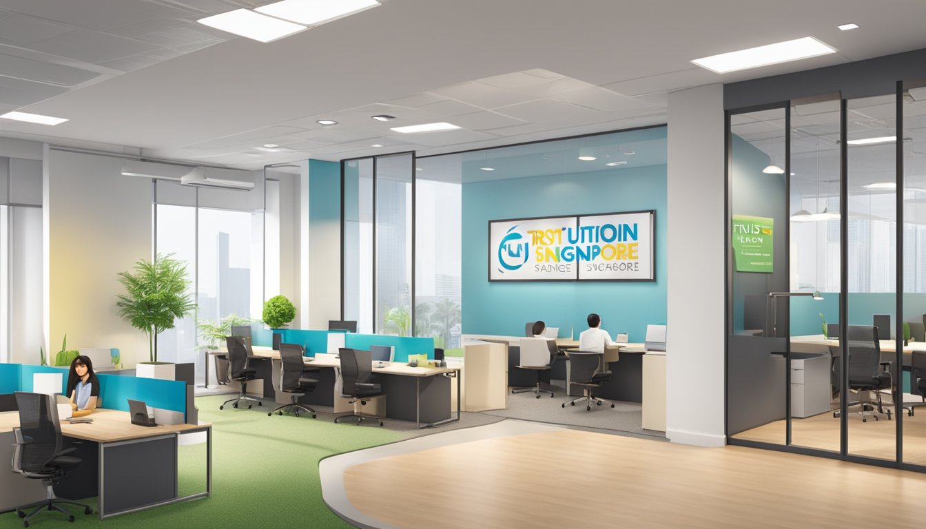 A bright, modern office space with a welcoming reception area and a logo of "Trust Tuition Agency Singapore" displayed prominently