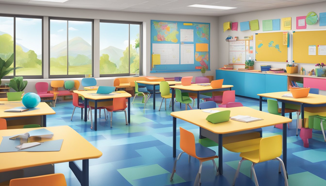 Brightly colored classroom with interactive whiteboards, flexible seating, and technology stations. Natural light floods the space, and students engage in hands-on learning activities